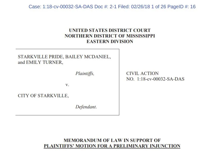 Kaplan & Company, LLP Files Motion for Preliminary Injunction on Behalf of Starkville Pride